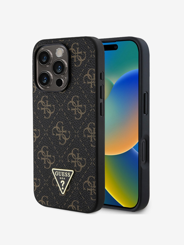 Guess Guess PU Leather 4G Triangle Metal Logo Back Cover per iPhone 16 Pro Max Nero