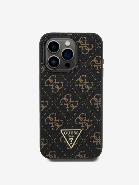 Guess Guess PU Leather 4G Triangle Metal Logo Back Cover per iPhone 16 Pro Max Nero