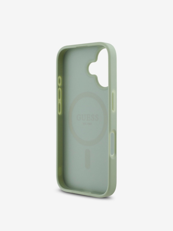 Guess Custodia posteriore MagSafe con logo classico in grana Guess PU per iPhone 16 verde