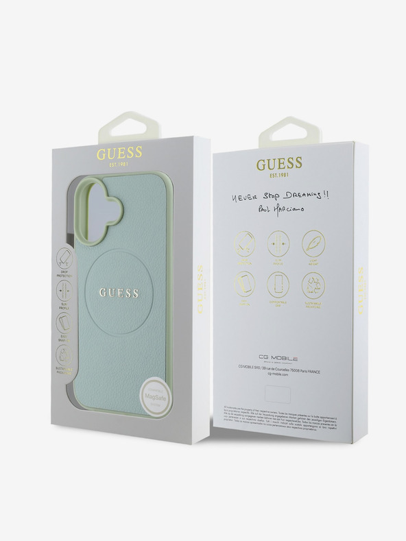 Guess Custodia posteriore MagSafe con logo classico in grana Guess PU per iPhone 16 verde