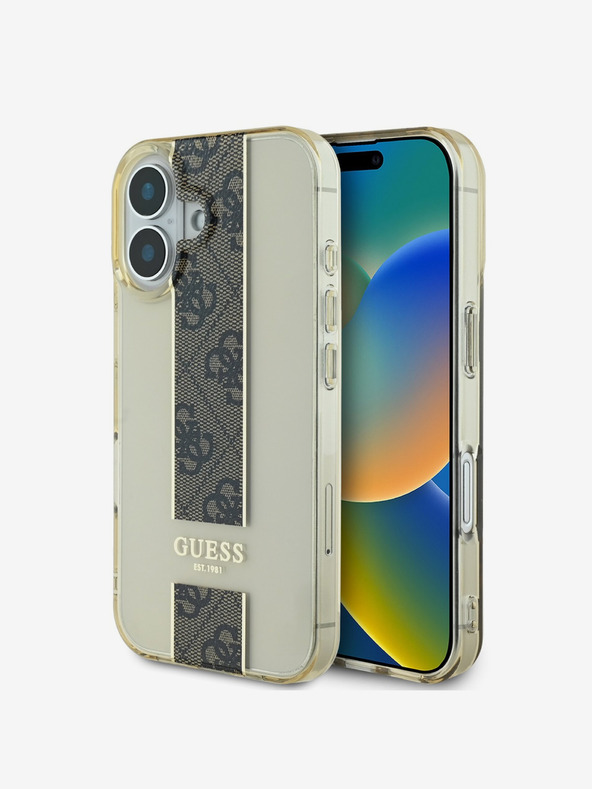 Guess Guess IML Middle 4G Cover posteriore a righe per iPhone 16 Brown