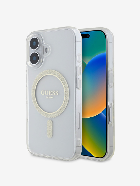 Guess Guess IML Glitter Ring MagSafe Back Cover per iPhone 16 Trasparente