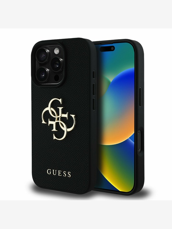 Guess Guess PU Grained 4G Metal Logo Cover posteriore per iPhone 16 Pro Max Nero