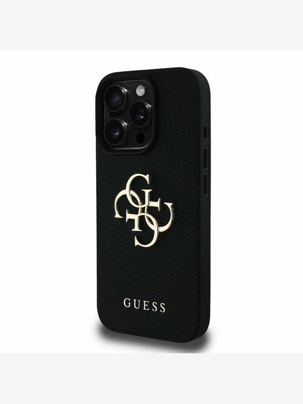Guess Guess PU Grained 4G Metal Logo Cover posteriore per iPhone 16 Pro Max Nero