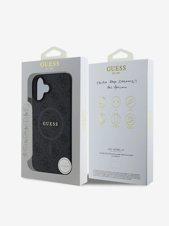 Guess Custodia posteriore MagSafe Guess in pelle PU 4G con anello colorato per iPhone 16 nero