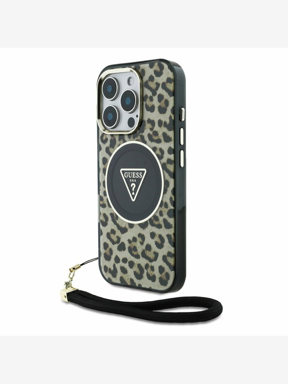 Guess Guess IML Leopard Triangle Logo Strap MagSafe Back Cover per iPhone 16 Pro Marrone
