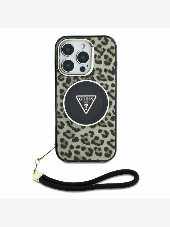 Guess Guess IML Leopard Triangle Logo Strap MagSafe Back Cover per iPhone 16 Pro Marrone