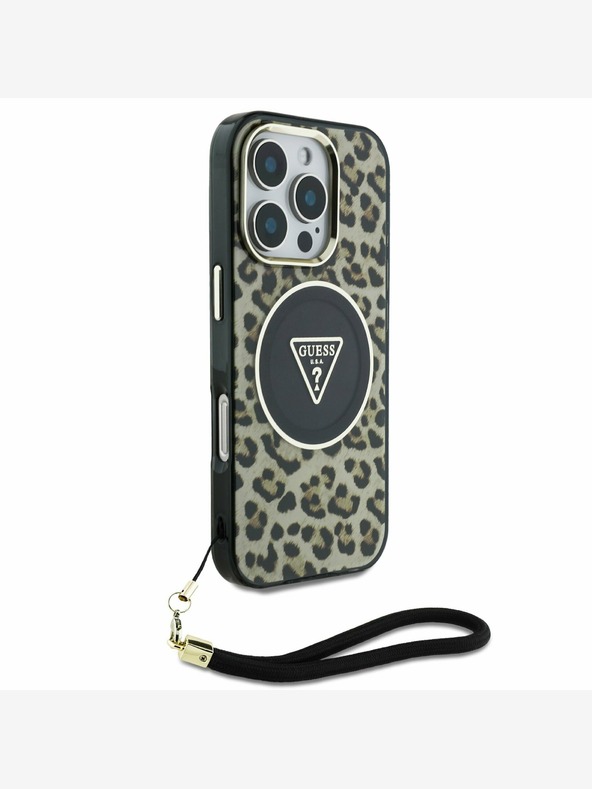 Guess Guess IML Leopard Triangle Logo Strap MagSafe Back Cover per iPhone 16 Pro Marrone