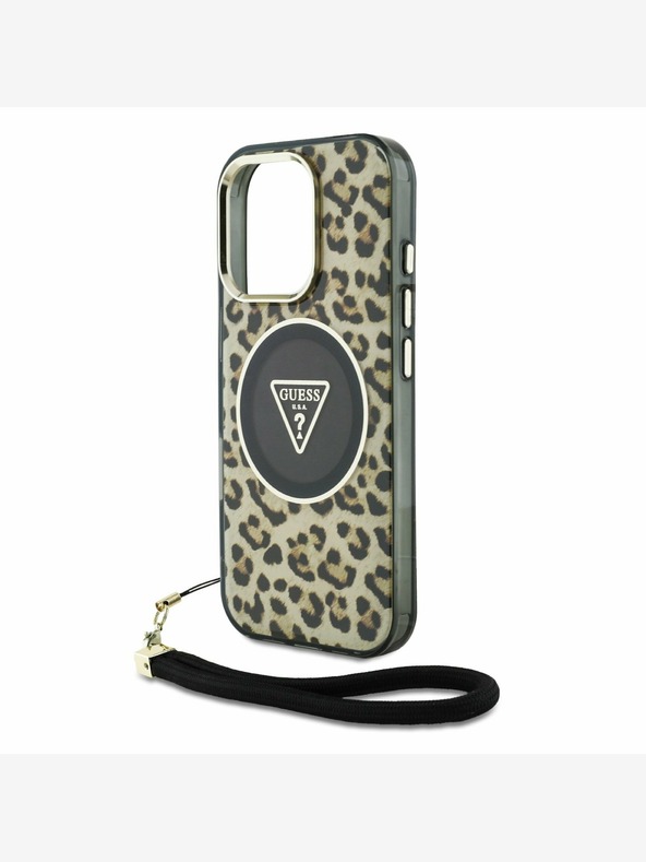 Guess Guess IML Leopard Triangle Logo Strap MagSafe Back Cover per iPhone 16 Pro Marrone