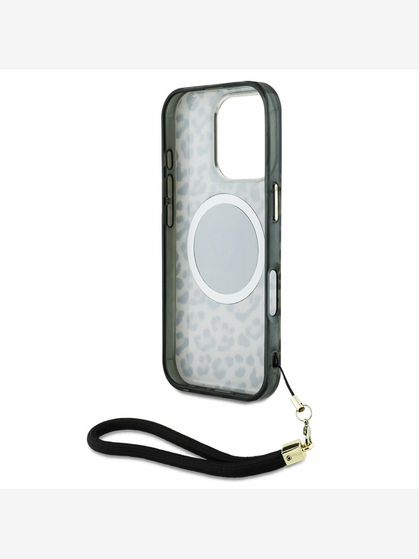 Guess Guess IML Leopard Triangle Logo Strap MagSafe Back Cover per iPhone 16 Pro Marrone