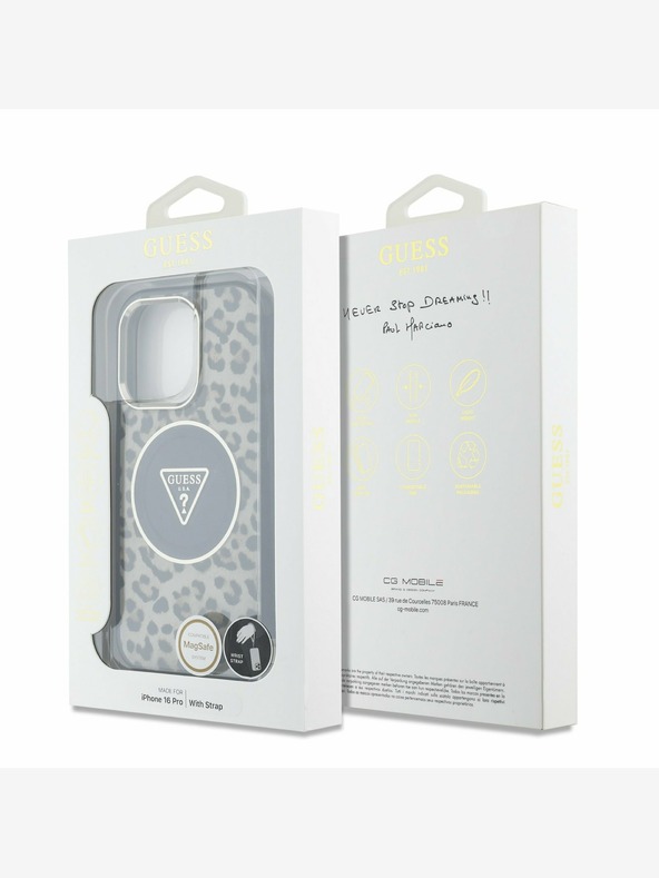 Guess Guess IML Leopard Triangle Logo Strap MagSafe Back Cover per iPhone 16 Pro Marrone