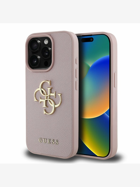 Guess Guess PU Grained 4G Metal Logo Cover posteriore per iPhone 15 Pro Max Rosa