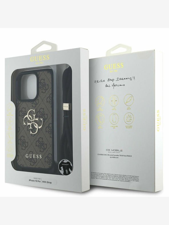 Guess Guess PU 4G Metal Logo Crossbody Strap Back Cover per iPhone 16 Pro Brown