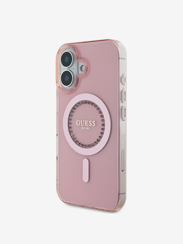Guess Guess IML Anello con strass MagSafe Custodia posteriore per iPhone 16 Rosa
