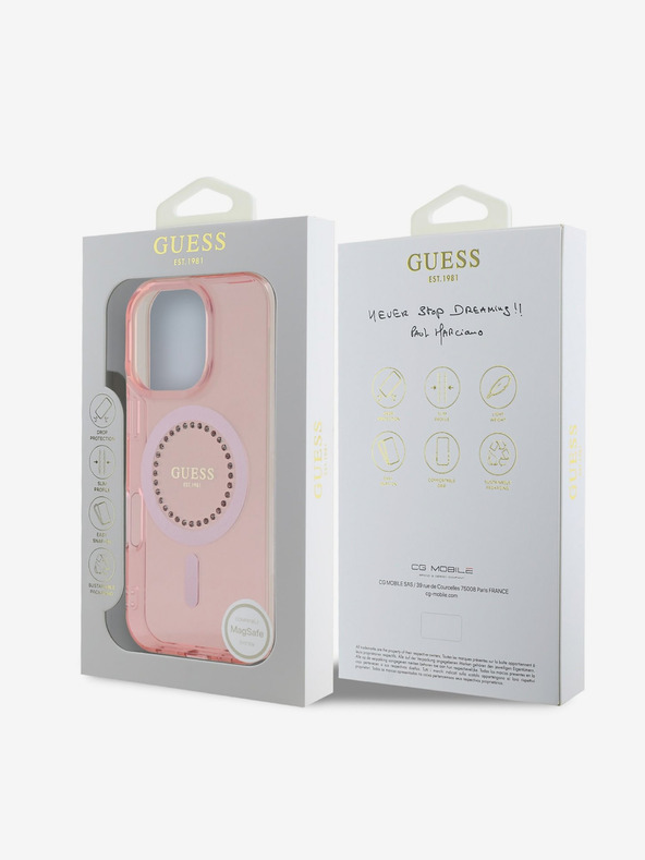 Guess Guess IML Anello di strass MagSafe Cover per iPhone 16 Pro Max Rosa