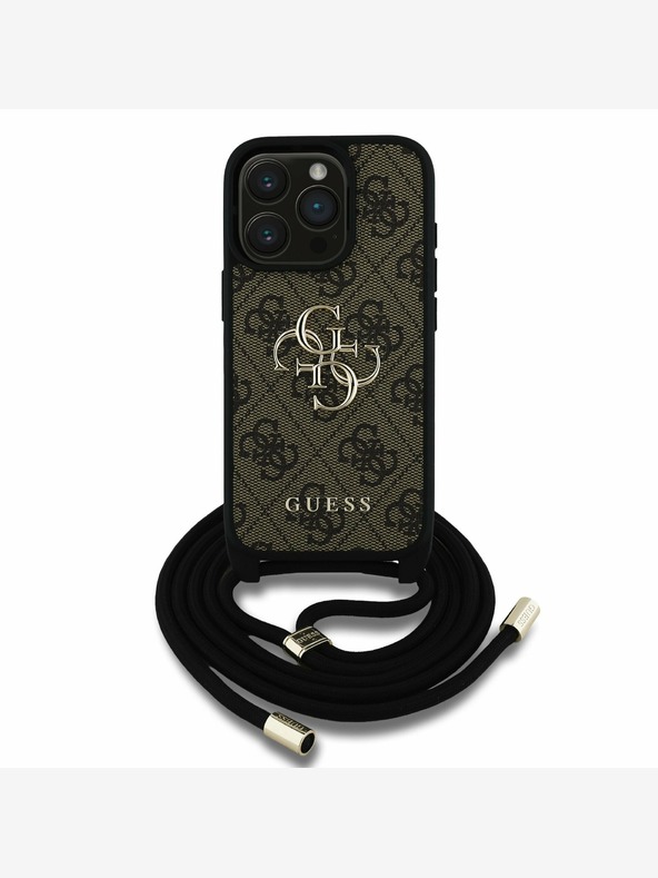 Guess Guess PU 4G Metal Logo Crossbody Strap Back Cover per iPhone 15 Pro Brown