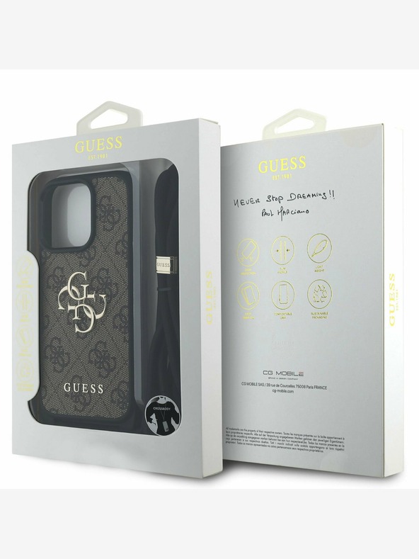 Guess Guess PU 4G Metal Logo Crossbody Strap Back Cover per iPhone 15 Pro Brown