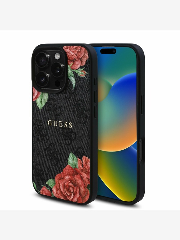 Guess Guess PU Leather 4G Roses MagSafe Back Cover per iPhone 16 Pro Nero