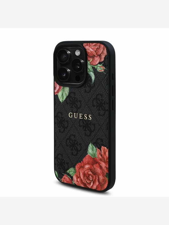Guess Guess PU Leather 4G Roses MagSafe Back Cover per iPhone 16 Pro Nero