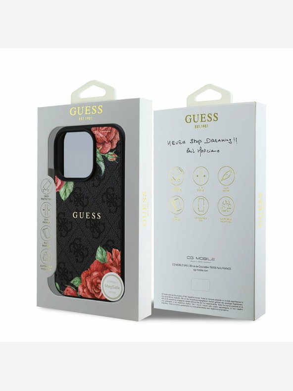 Guess Guess PU Leather 4G Roses MagSafe Back Cover per iPhone 16 Pro Nero