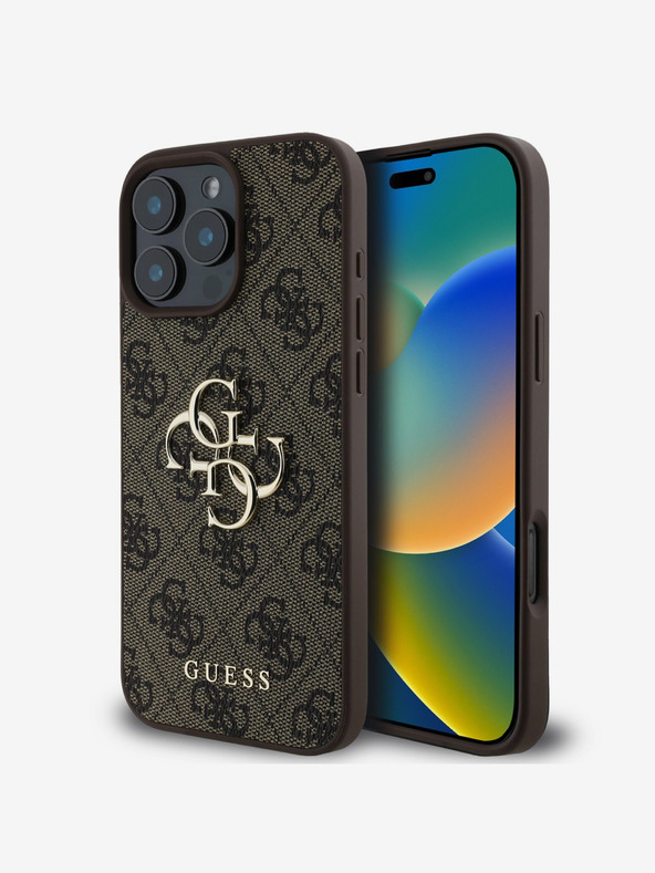 Guess Cover posteriore con logo in metallo Guess PU 4G per iPhone 16 Pro Max Marrone