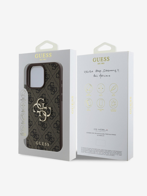 Guess Cover posteriore con logo in metallo Guess PU 4G per iPhone 16 Pro Max Marrone