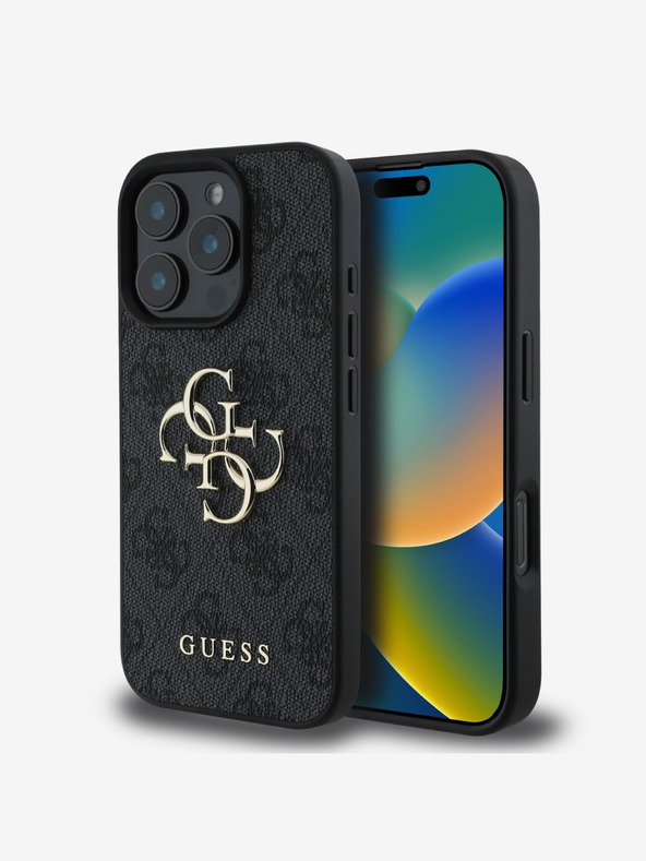 Guess Guess PU 4G Custodia posteriore con logo in metallo per iPhone 16 Pro Grigio