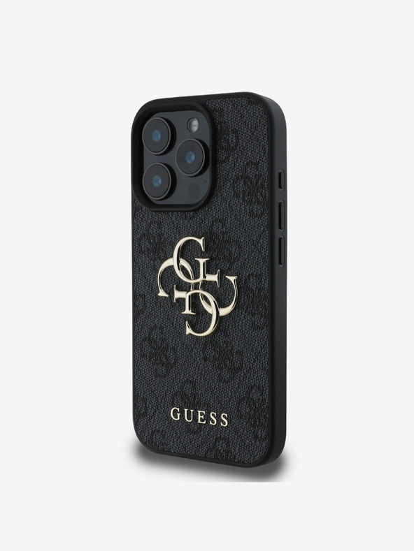 Guess Guess PU 4G Custodia posteriore con logo in metallo per iPhone 16 Pro Grigio