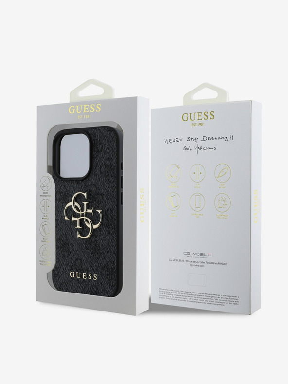 Guess Guess PU 4G Custodia posteriore con logo in metallo per iPhone 16 Pro Grigio