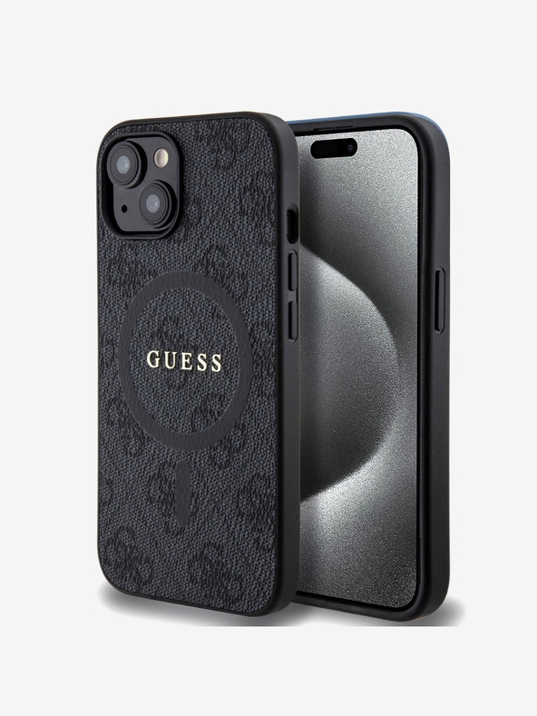 Guess Custodia posteriore MagSafe Guess in pelle PU 4G con anello colorato per iPhone 15 nero