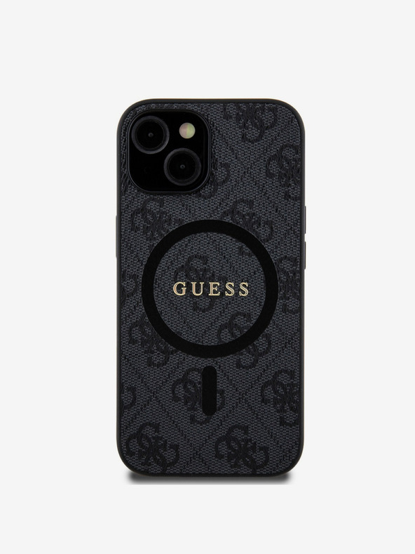 Guess Custodia posteriore MagSafe Guess in pelle PU 4G con anello colorato per iPhone 15 nero
