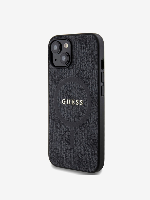 Guess Custodia posteriore MagSafe Guess in pelle PU 4G con anello colorato per iPhone 15 nero
