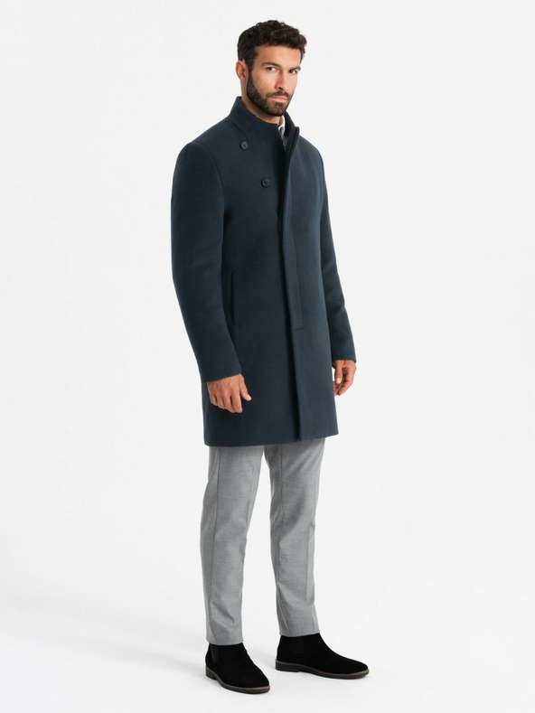 Ombre Clothing Cappotto asimmetrico con bottoni e collo alto da uomo blu scuro Ombre Clothing