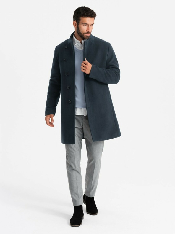 Ombre Clothing Cappotto asimmetrico con bottoni e collo alto da uomo blu scuro Ombre Clothing
