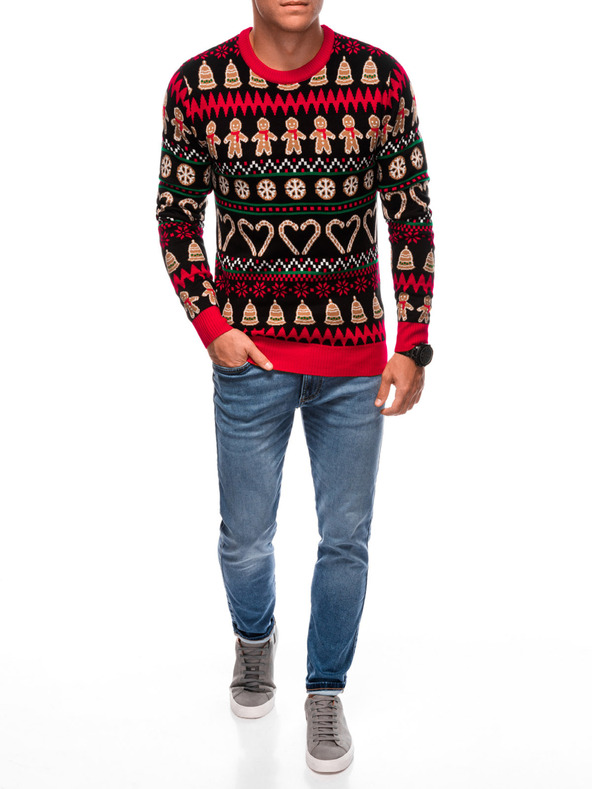 Edoti Maglione da uomo con motivo natalizio norvegese pan di zenzero nero e marrone EDOTI