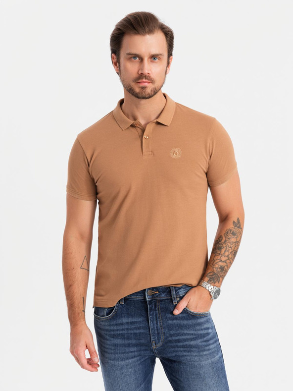 Ombre Clothing Polo uomo in cotone BASIC - bianco/bianco/marrone V6 OM-POBS-0133 Ombre Clothing