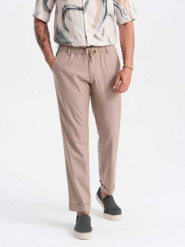 Ombre Clothing Pantaloni chino da uomo marrone chiaro con lino Ombre Clothing