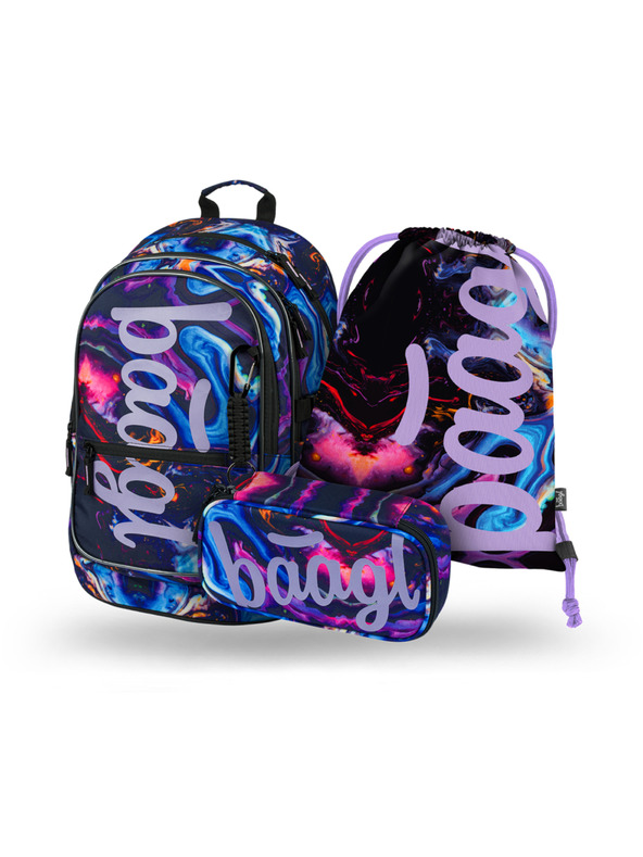 BAAGL  Set scuola viola - zaino, astuccio, borsa Baagl Core Marble