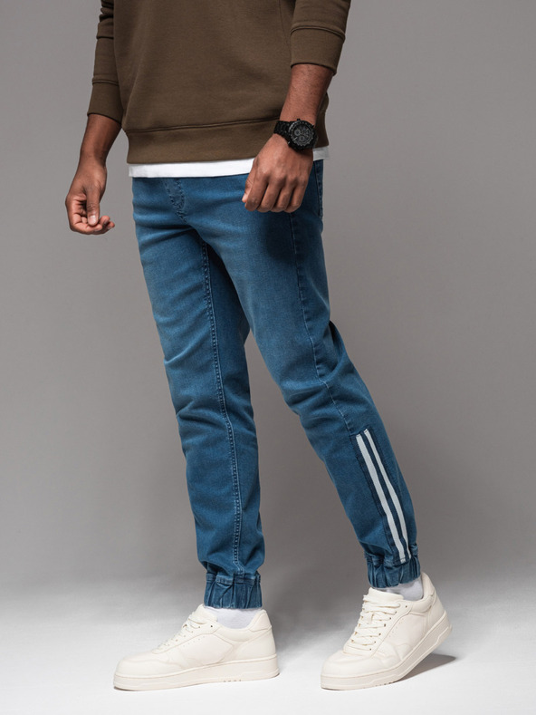 Ombre Clothing Pantaloni da ginnastica in denim da uomo con finiture - blu V3 OM-PADJ-0156 Ombre Clothing