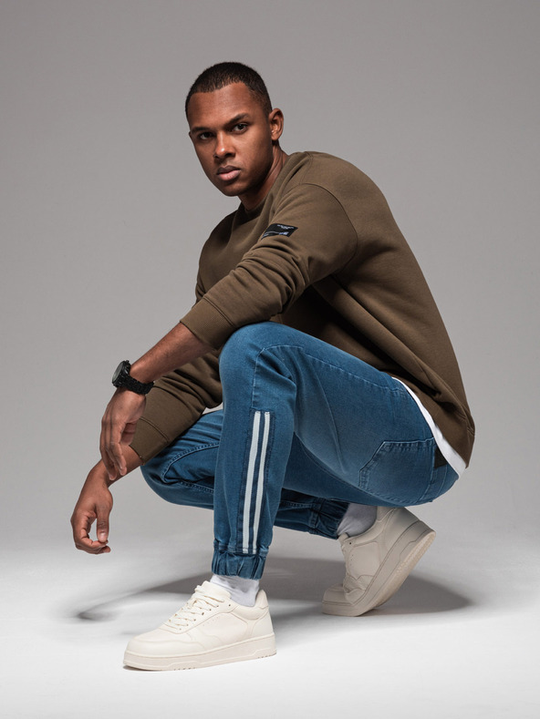 Ombre Clothing Pantaloni da ginnastica in denim da uomo con finiture - blu V3 OM-PADJ-0156 Ombre Clothing