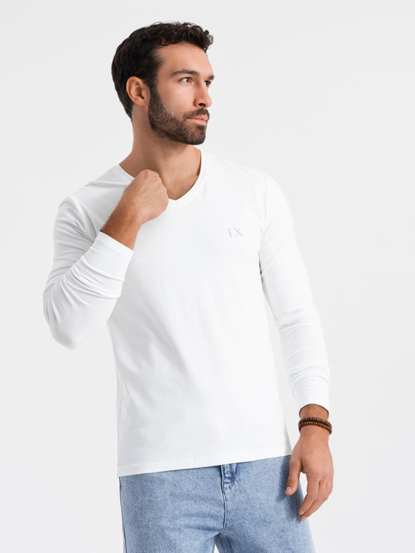 Ombre Clothing T-shirt SLIM FIT uomo manica lunga con scollo a V, elastan e stampa bianca Ombre Clothing