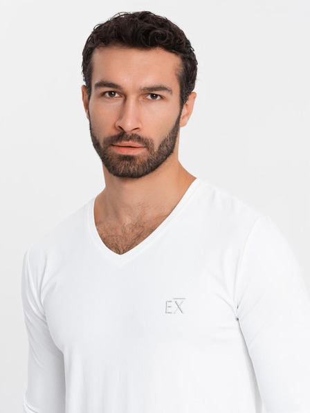 Ombre Clothing T-shirt SLIM FIT uomo manica lunga con scollo a V, elastan e stampa bianca Ombre Clothing