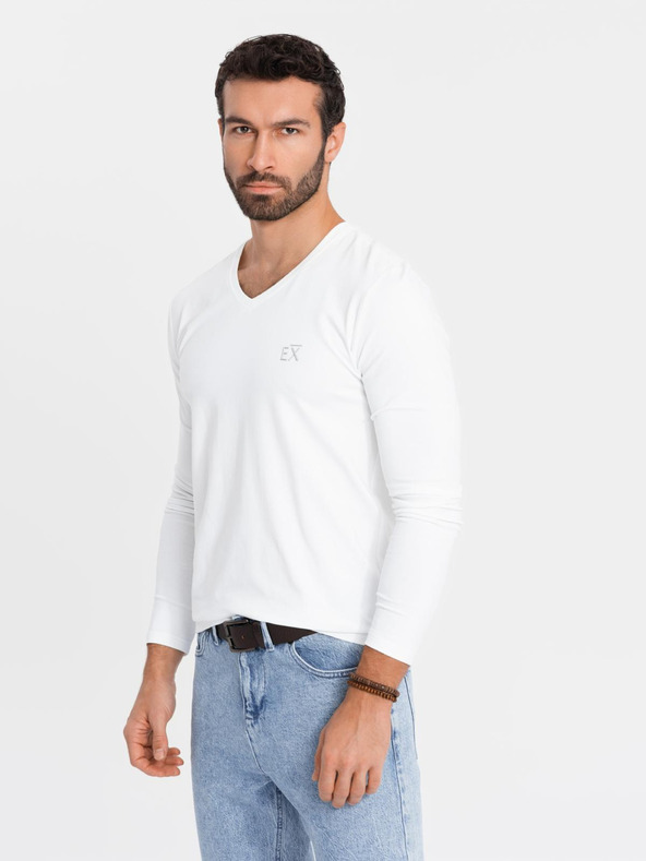 Ombre Clothing T-shirt SLIM FIT uomo manica lunga con scollo a V, elastan e stampa bianca Ombre Clothing