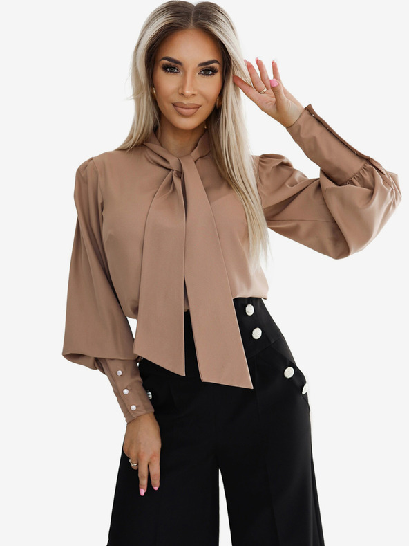 numoco Blusa marrone da donna a maniche lunghe con cravatta e bottoni Numoco