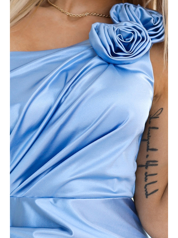 numoco 580-4 AURORA Abito monospalla lungo in raso con rose - Azzurro