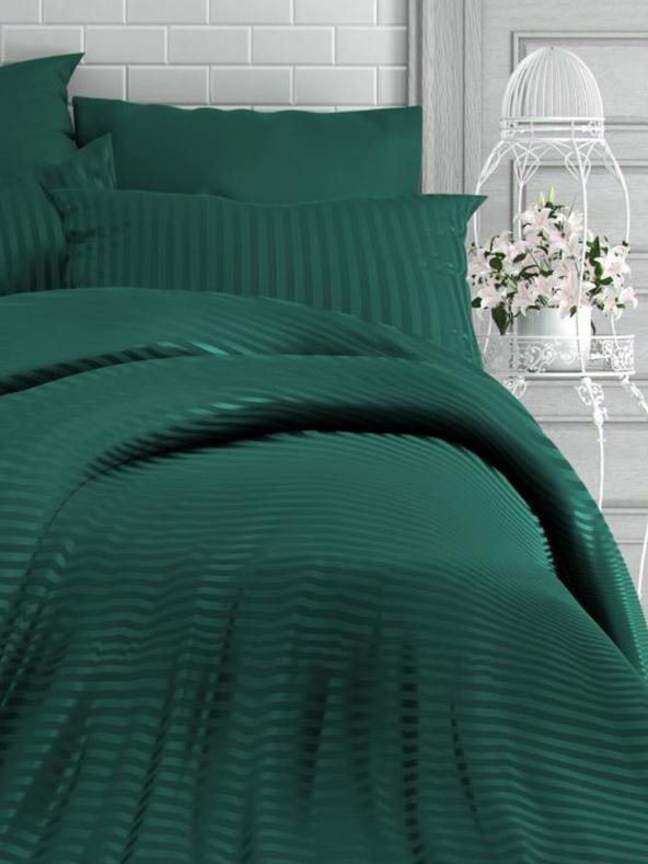 Kvalitex French Striped Extended Satin Bedding Set 1+2, 240x220, 70x90cm DARK GREEN