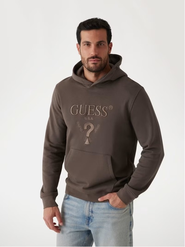 Guess Jeans Felpa con cappuccio marrone uomo con logo ricamato Guess jeans