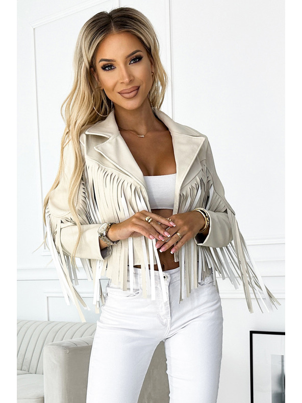 numoco Giacca corta beige con frange in ecopelle morbida