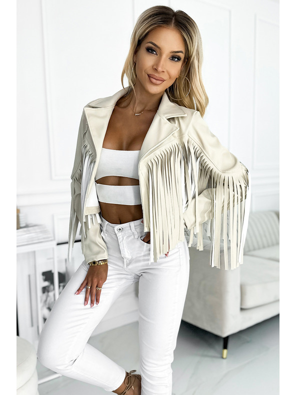 numoco Giacca corta beige con frange in ecopelle morbida