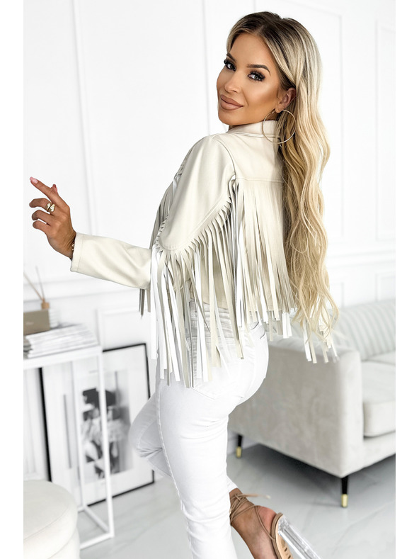 numoco Giacca corta beige con frange in ecopelle morbida